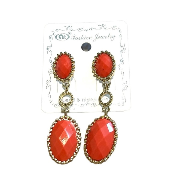 $4 ADD ON ITEM - Gem Stone Drop Earrings - Coral - Picture 1 of 3
